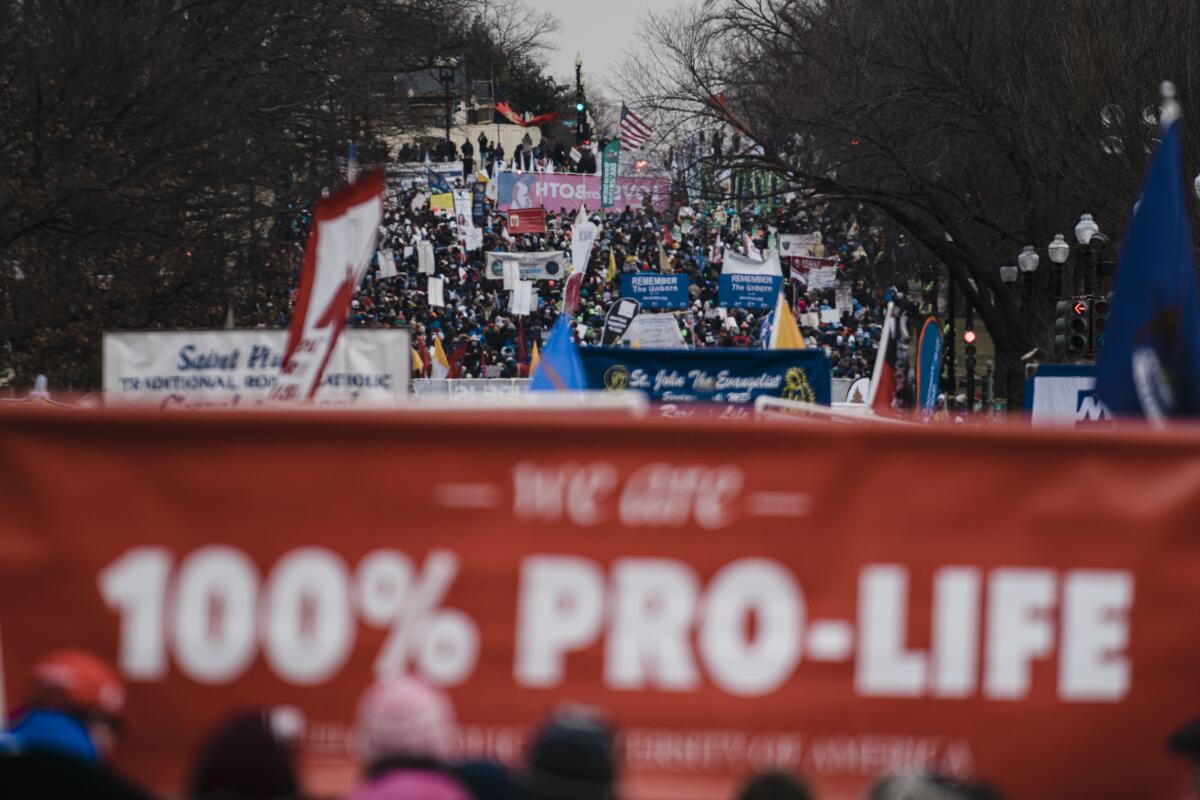 Anti-abortion activists and supporters demonstrate during the 49th annual March for Life on Jan. 21 in Washington, D.C.