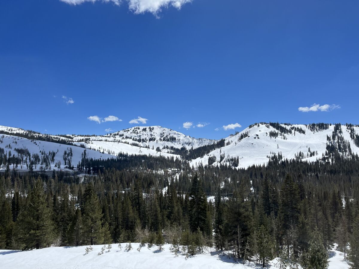 Snowy mountains in the northern Sierra, seen from the Sugar Bowl ski resort parking lot.