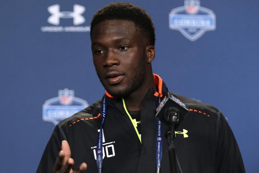 Former USC wide receiver Nelson Agholor answers a question during a news conference at the NFL Scouting Combine in Indianapolis on Thursday.