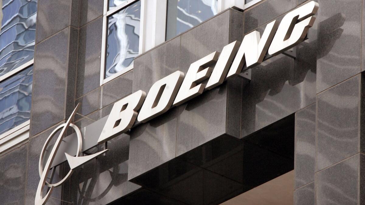 The Boeing logo hangs on the company's Chicago headquarters.