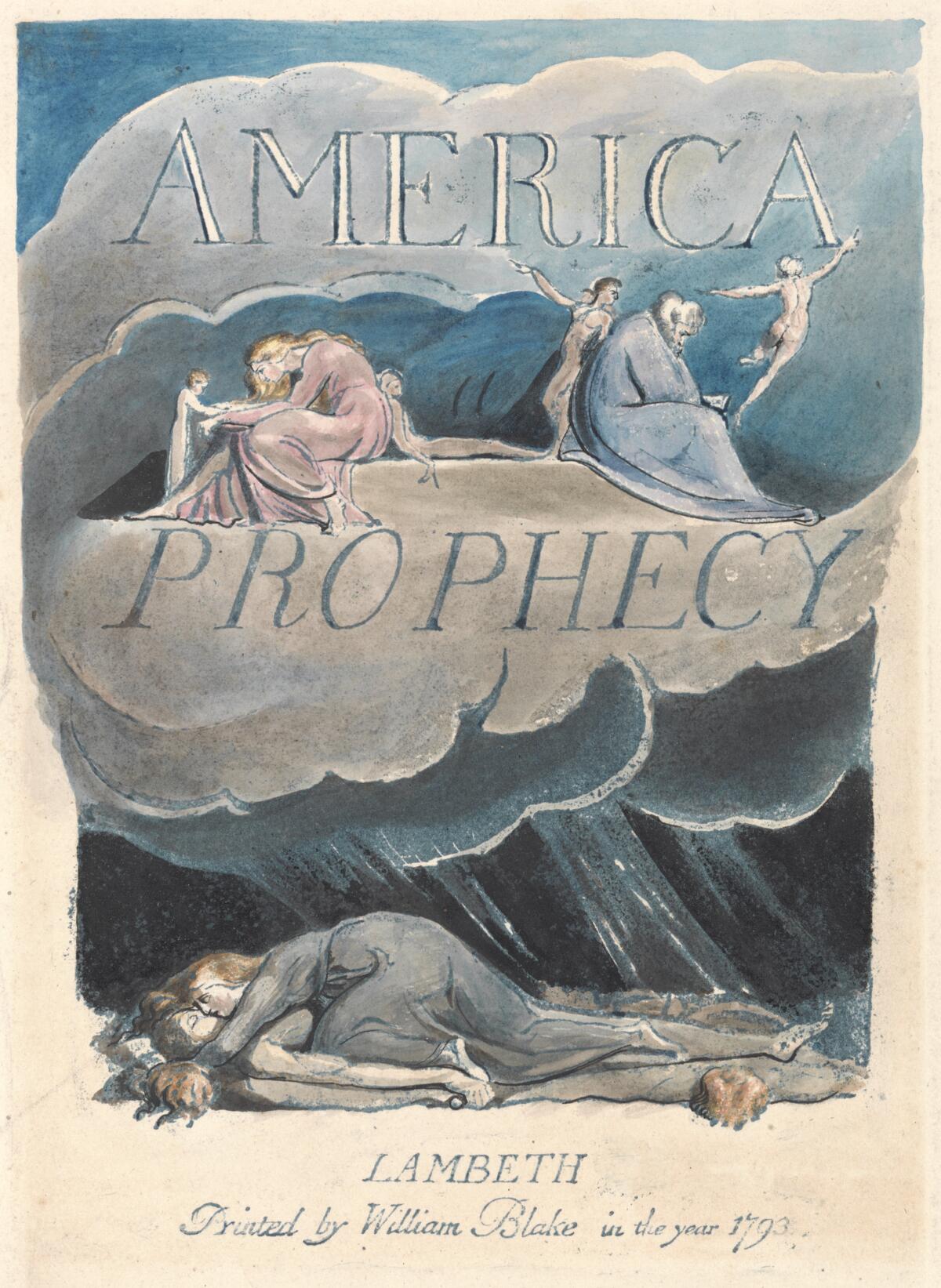 An etching that reads "America a Prophecy" and shows figures atop clouds and two beneath them. 
