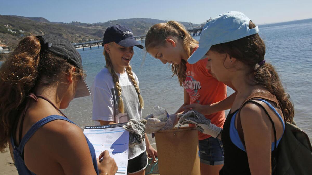 Desde la izquierda, las estudiantes de Heart Middle School Daisy Salinas, Olivia Nickerson, Violeta Marko y Rebecca Cohen registran las botellas de plástico que encontraron en Malibu Beach como parte de la limpieza.