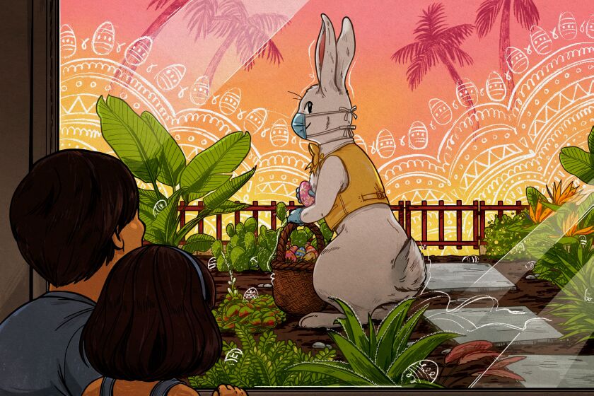 Art by Alycea Tinoyan for a story about the Easter Bunny visiting during the 2020 Pandemic