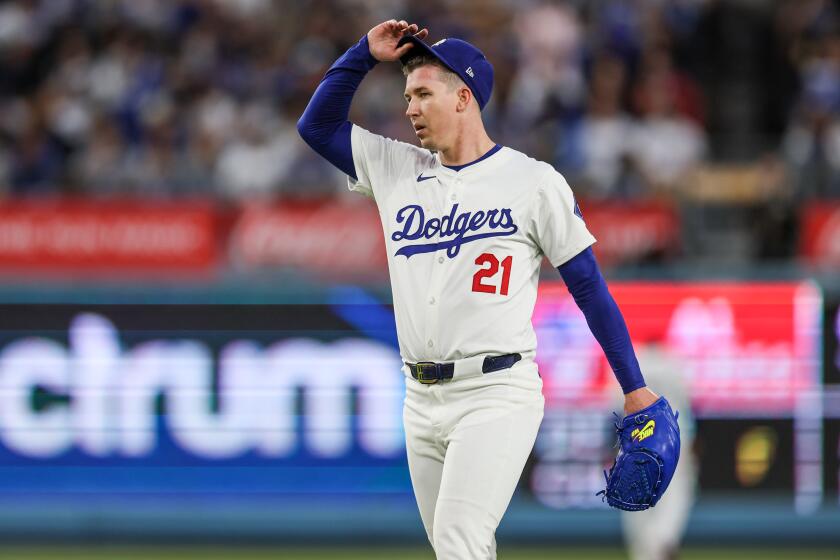 Los Angeles, CA, Monday, May 6, 2024 - Dodger starting pitcher Walker Buehler shows frustration as he pitches early in the game against the Miami Marlins at Dodger Stadium. (Robert Gauthier/Los Angeles Times)