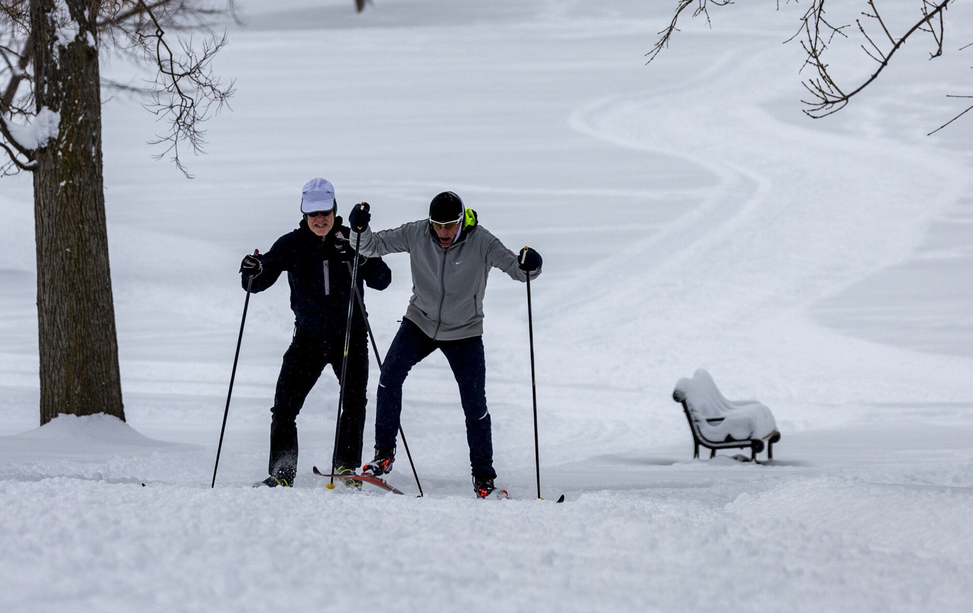 Cross country skiers navigate fresh snowfall 