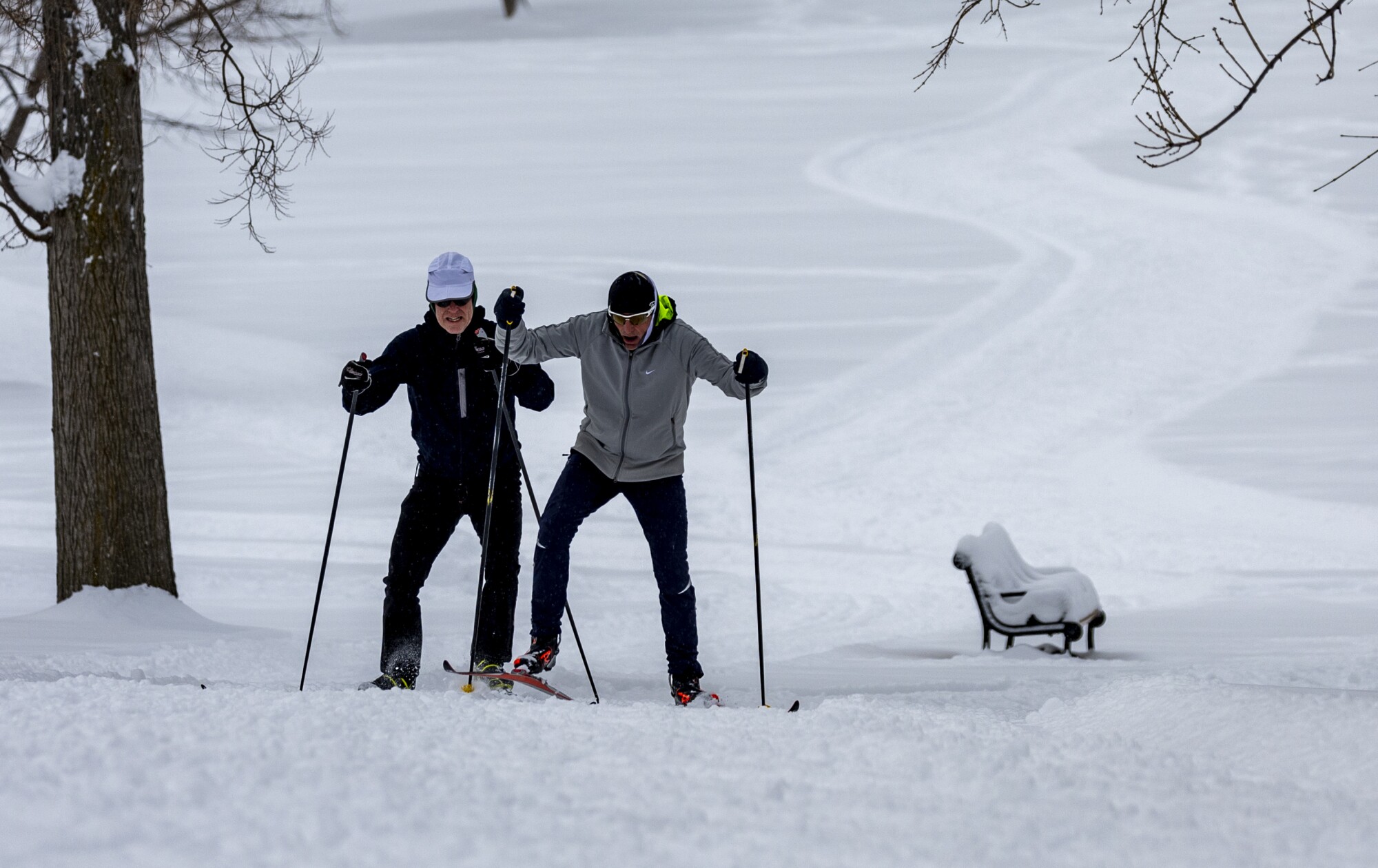 The heavy snow and bitter cold doesn't bother these cross country skiers who are skiing in tandem on the fresh powder 