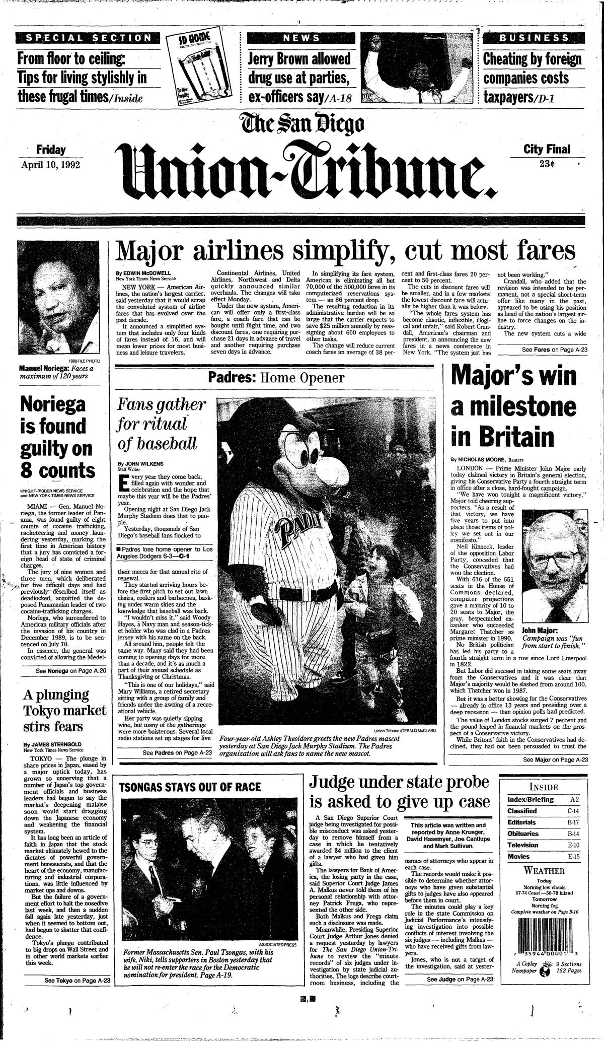 The Front Page of The San Diego Union-Tribune, April 10, 1992.