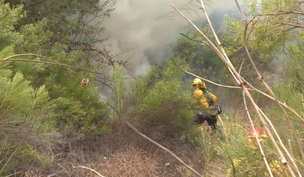 Firefighters work to put out a blaze in the Santee riverbed in a file photo.