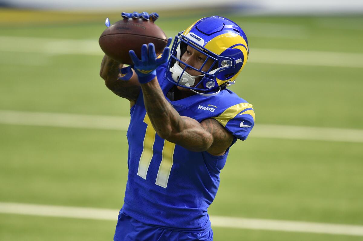 Rams wide receiver Josh Reynolds (11) warms up before an NFL football game against the San Francisco 49ers in November.