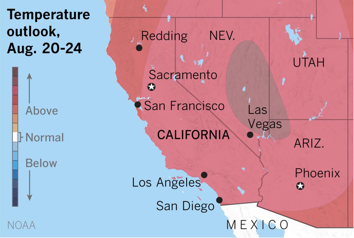 A map shows above-normal temperatures forecast throughout California and the Southwest for August 20 to August 24