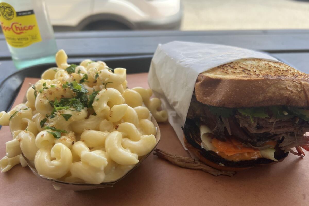 Mac & cheese and brisket with potato bread from Heritage Barbecue in San Juan Capistrano.