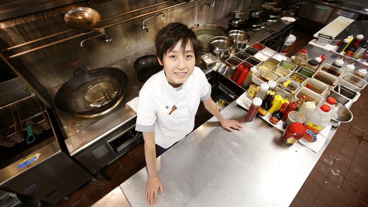 Tiantian Qiu, Hip Hot's chef-owner of Hip Hot, in her Monterey Park restaurant kitchen.
