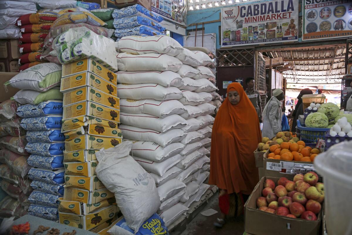 A woman walks past sacks of wheat flour piled high in a market