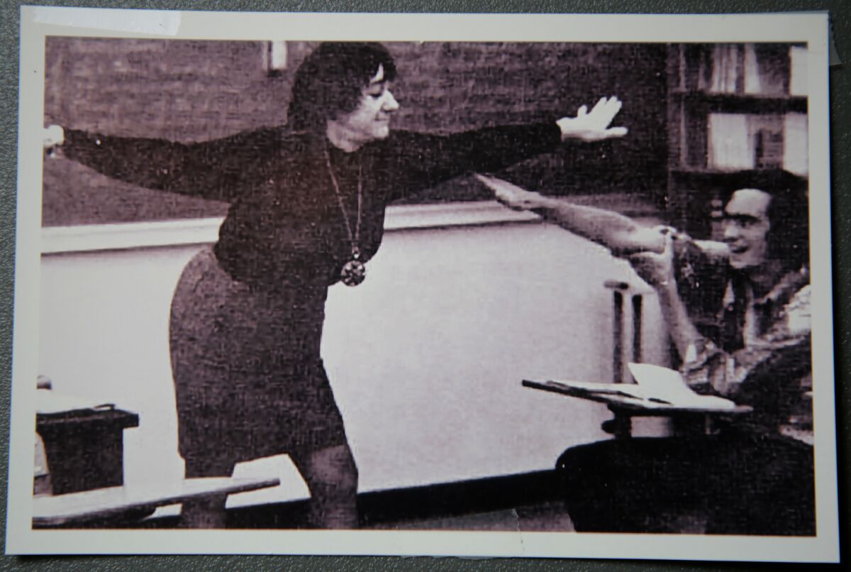 English teacher Rose Sleigh seen teaching a class in the mid-1970s at Torrey Pines High School.  