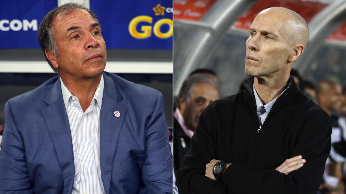 New England Revolution coach Bruce Arena, left, and LAFC coach Bob Bradley consider themselves both friends and rivals.