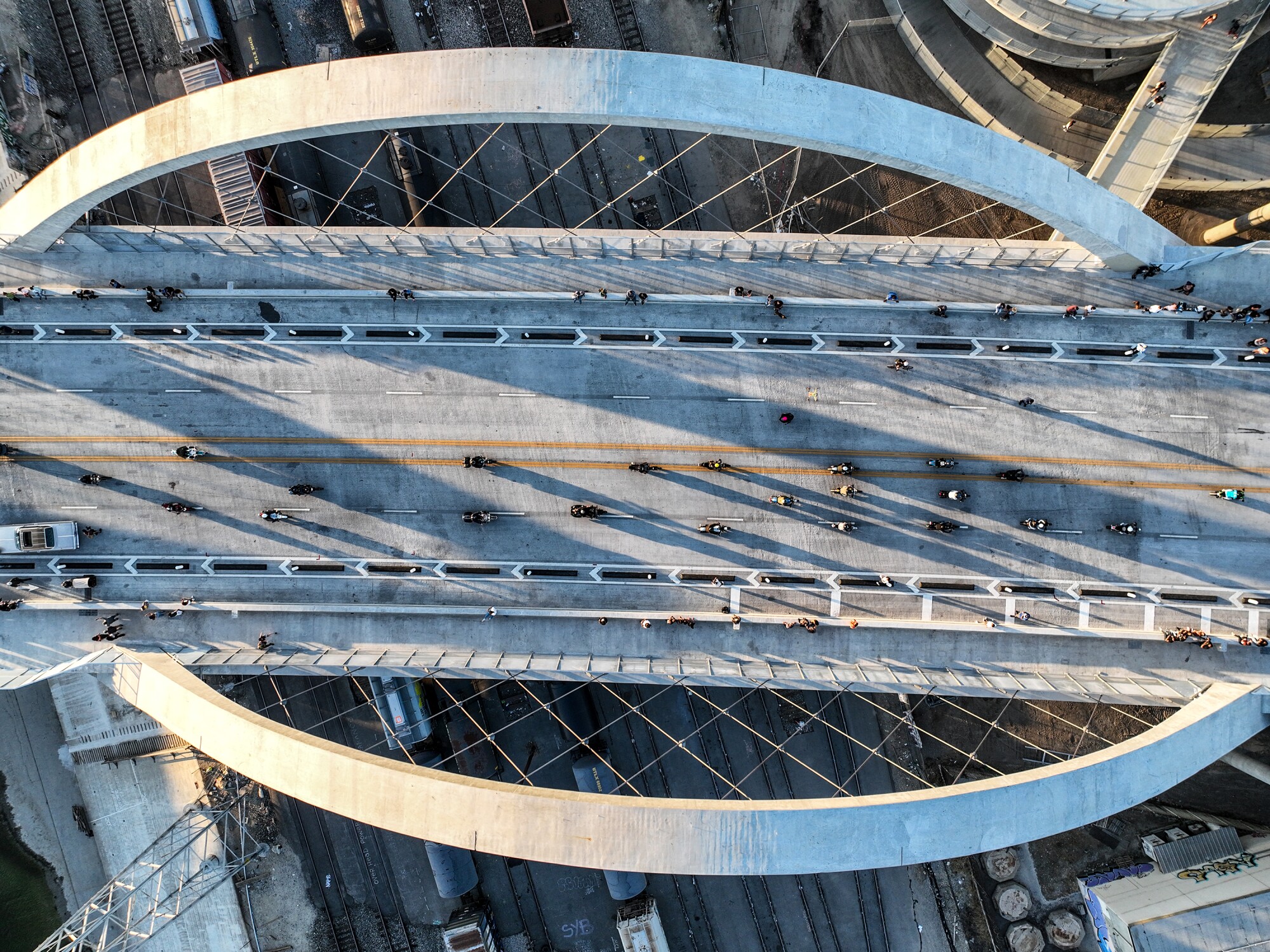 An overhead view of motorcyclists using the 6th Street Viaduct. 