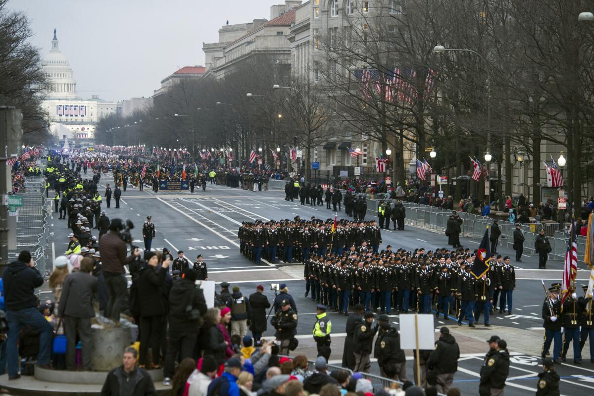 Military units participate in the inaugural parade from the Capitol to the White House in Washington on Jan. 20, 2017.
