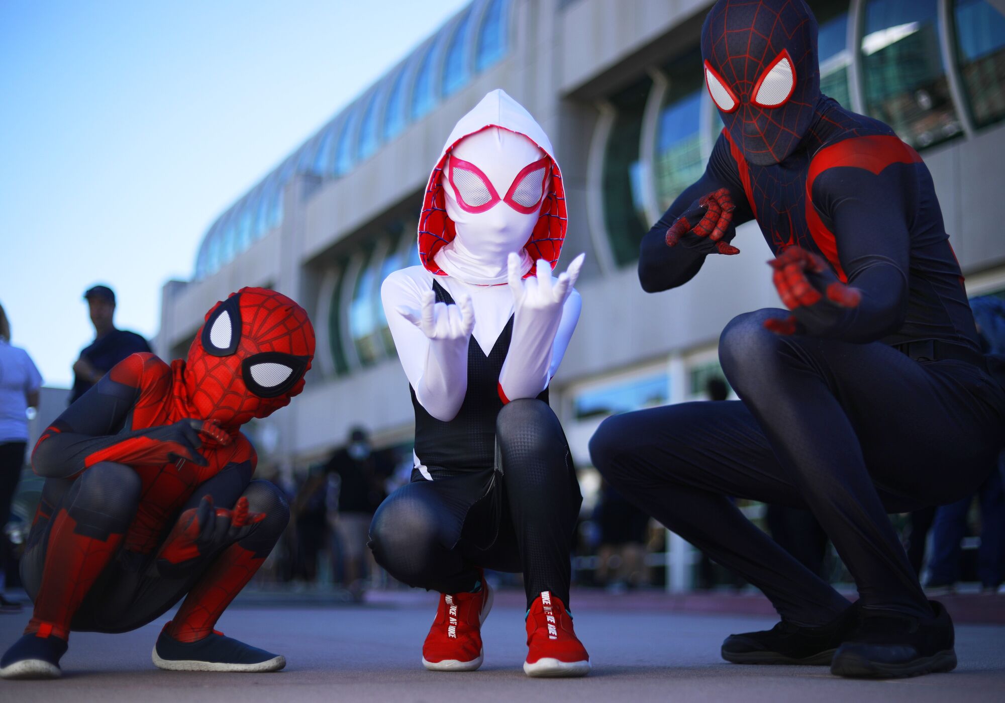 essed as Spider-man, Serenity Morales, Spider-Gwen and Ben Morris dressed as Spider-Man at Comic-Con Special Edition.