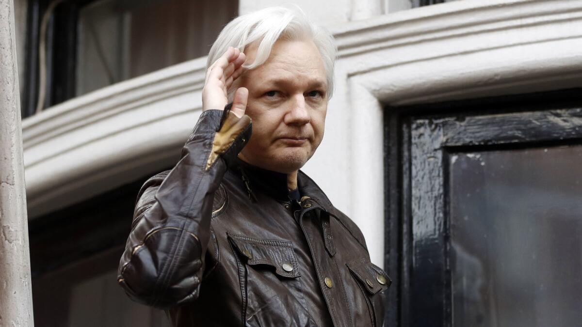 WikiLeaks founder Julian Assange on a balcony of the Ecuadorian Embassy in London in 2017.