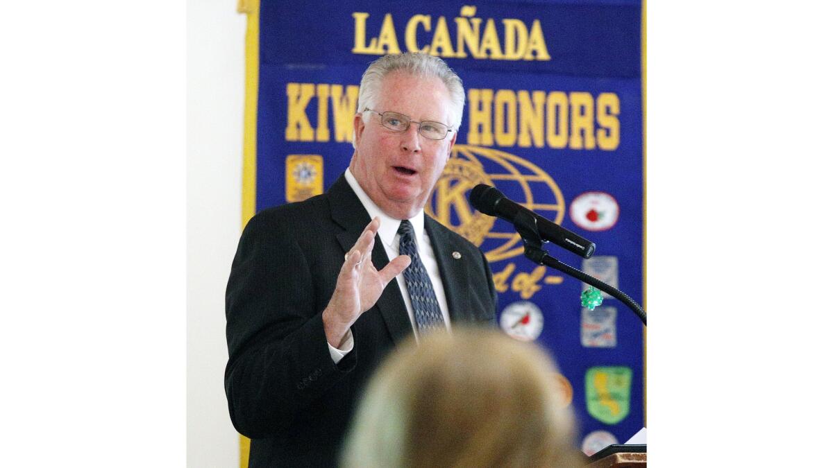 Michael Leininger gives a speech as the 2017 La Cañadan of the Year at a Kiwanis Club of La Cañada meeting at Descanso Gardens on Wednesday.