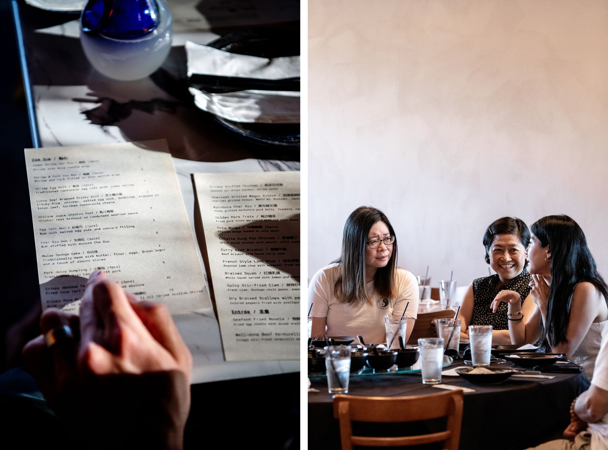 Two photos side by side, one of a hand on a menu in evening light, left, and one of a group of women around a table, right.