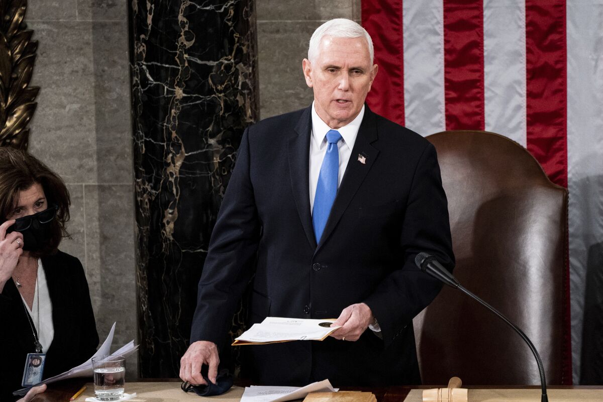 Vice President Mike Pence officiates a joint session of Congress on Jan. 6, 2021.