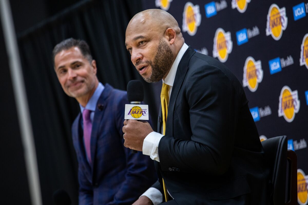 New Lakers coach Darvin Ham addresses the media Monday.