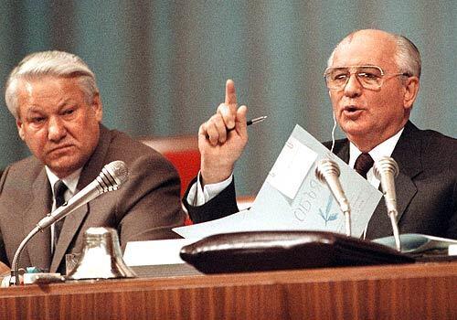 The West had a hard time knowing how to respond to Yeltsin. At first preferring the smooth rhetoric of Gorbachev, right, most Western leaders shied away from the brash Russian president.