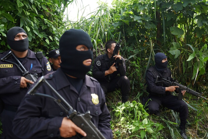 Policemen search for gang members hiding in a mountainous area north of San Salvador on Oct. 25, 2015.