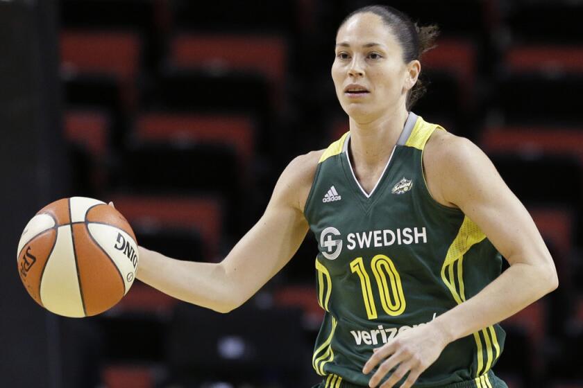 Storm guard Sue Bird, shown during a game earlier this season, made five three-pointers Friday night..