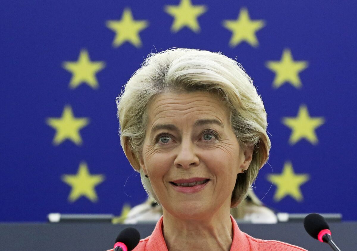 European Commission President Ursula von der Leyen delivers a State of the Union Address at the European Parliament in Strasbourg, France, Wednesday, Sept. 15, 2021. Stung by the swift collapse of the Afghan army and the chaotic U.S.-led evacuation through Kabul airport, the European Union on Wednesday unveiled new plans to develop its own defense capacities to try to ensure that it has more freedom to act in future crises. (Yves Herman, Pool via AP)