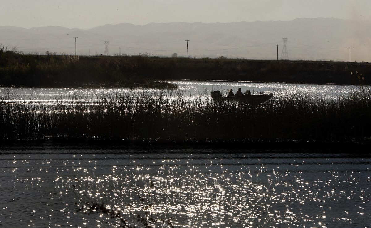 Boaters navigate the Middle River between Bacon Island and Lower Jones Tract in the Sacramento River Delta.