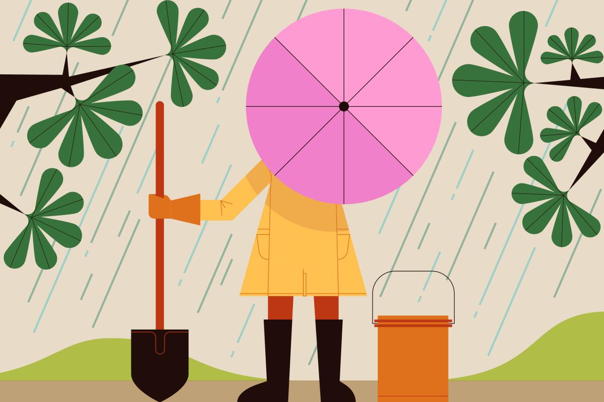 Figure with a shovel, bucket, and an umbrella stands in the rain ready to collect rainwater.