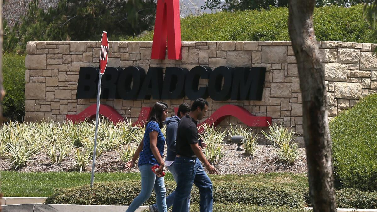 Irvine-based Broadcom's share price dropped sharply after it warned that demand for chips has slumped because of restrictions on sales to Chinese technology firms and hesitation among customers to place new orders.