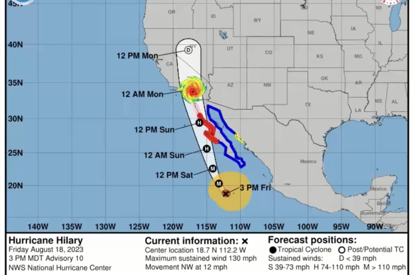 How Tropical Storm Hilary would look if it followed the center of the projected path.
