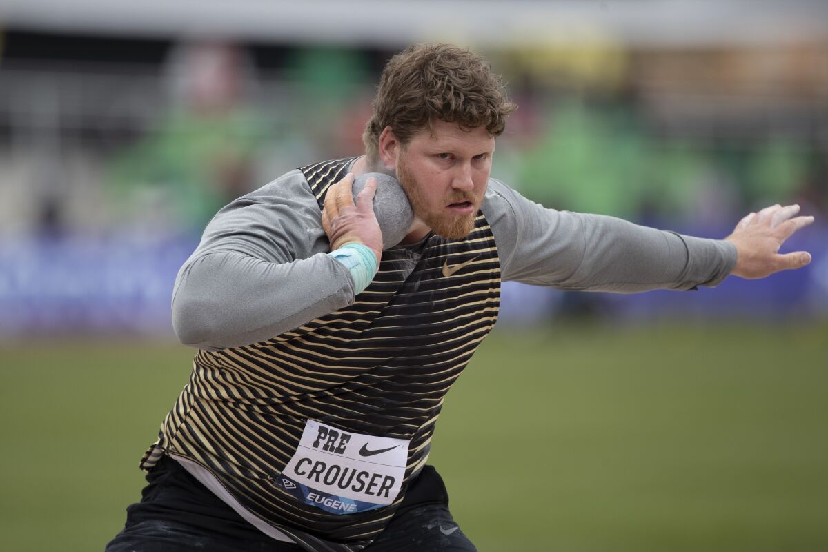The United States' Ryan Crouser competes in the men's shot put during the Prefontaine Classic track and field meet on Saturday, May 28, 2022, in Eugene, Ore. (AP Photo/Amanda Loman)