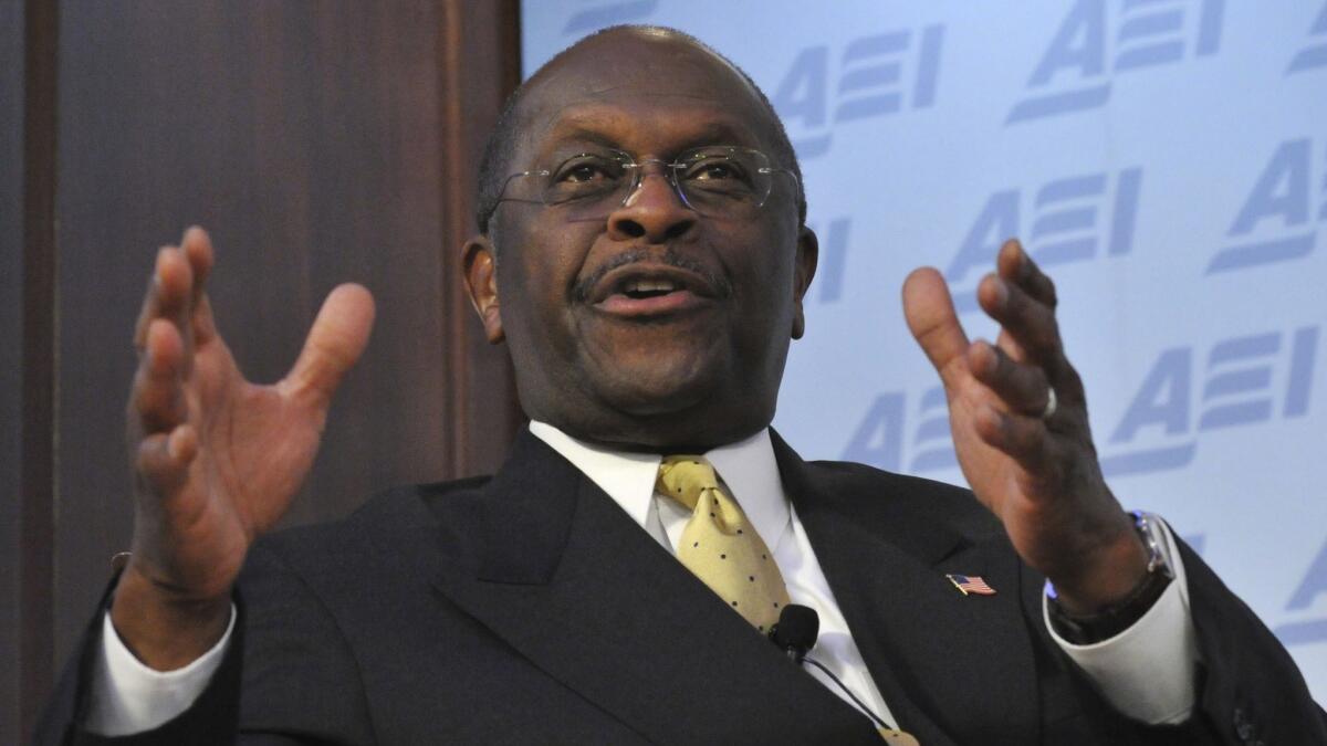Herman Cain addresses an audience at the American Enterprise Institute for Public Policy Research in 2011.