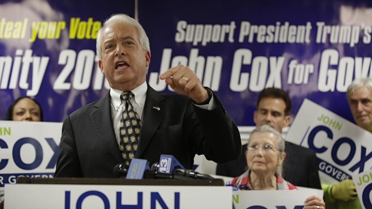 In May, Republican gubernatorial candidate John Cox addresses supporters at the Sacramento County Republican Party headquarters.