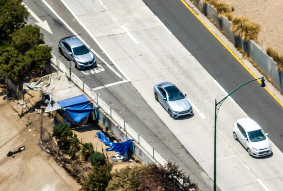 An aerial view of a homeless encampment along the 110 Freeway in Highland Park 