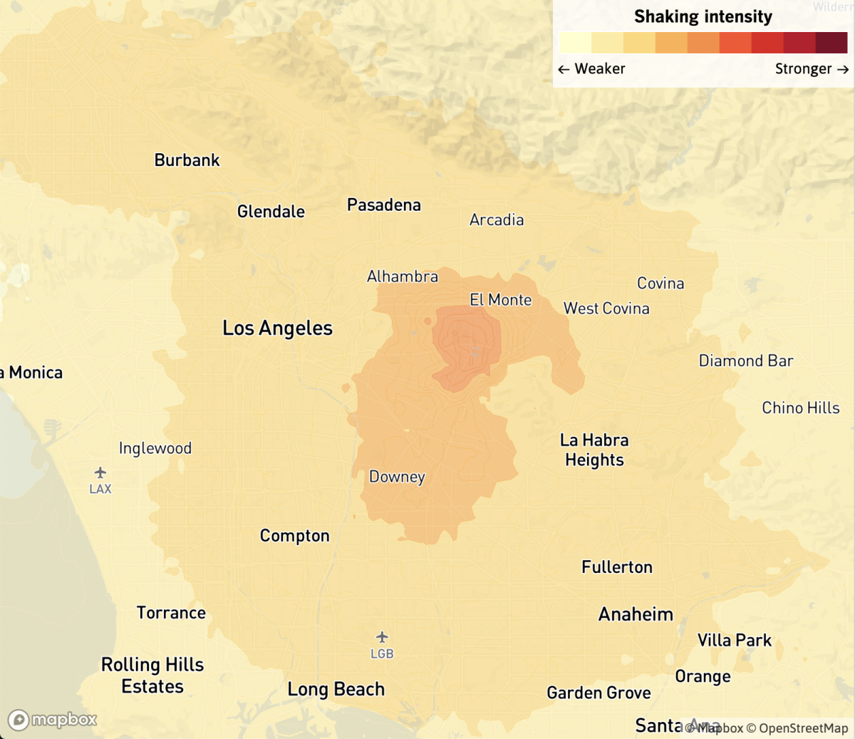 Map shows the location and shaking intensity of a magnitude 4.5 earthquake centered in Rosemead, Calif.