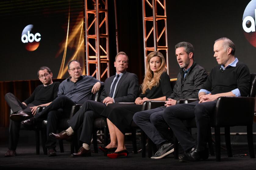 David Guggenheim, from left, Mark Gordon, Kiefer Sutherland, Natascha McElhone, Simon Kinberg and Jon Harmon Feldman participate in the "Designated Survivor" panel.