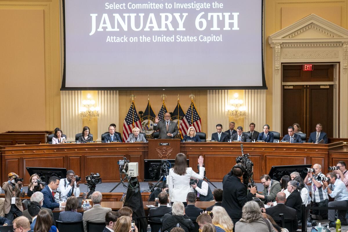 Viewed from behind, a woman is sworn in before a congressional hearing