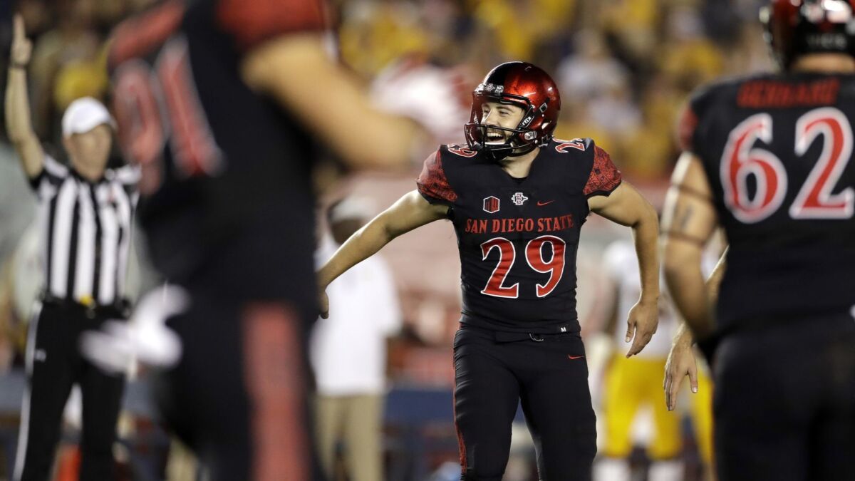 San Diego State place-kicker John Baron II reacts after kicking a career-long 54-yard field goal in the third quarter of SDSU's 28-21 win over Arizona State.