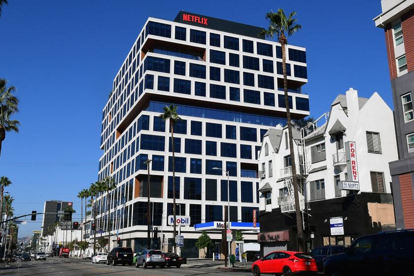 The Netflix building on Sunset Boulevard is pictured where a rally in support of the Netflix transgender walkout was due to begin but eventually moved to a different location on October 20, 2021 in Los Angeles, California . - Netflix bosses braced for an employee walkout and rally in Los Angeles on October 20, 2021 as anger swelled over a new Dave Chappelle comedy special that activists say is harmful to the transgender community. (Photo by Frederic J. BROWN / AFP) (Photo by FREDERIC J. BROWN/AFP via Getty Images) Original file name in GR: 1236008500.jpg