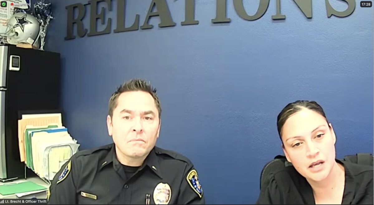 San Diego police Lt. Bryan Brecht and Community Relations Officer Jessica Thrift