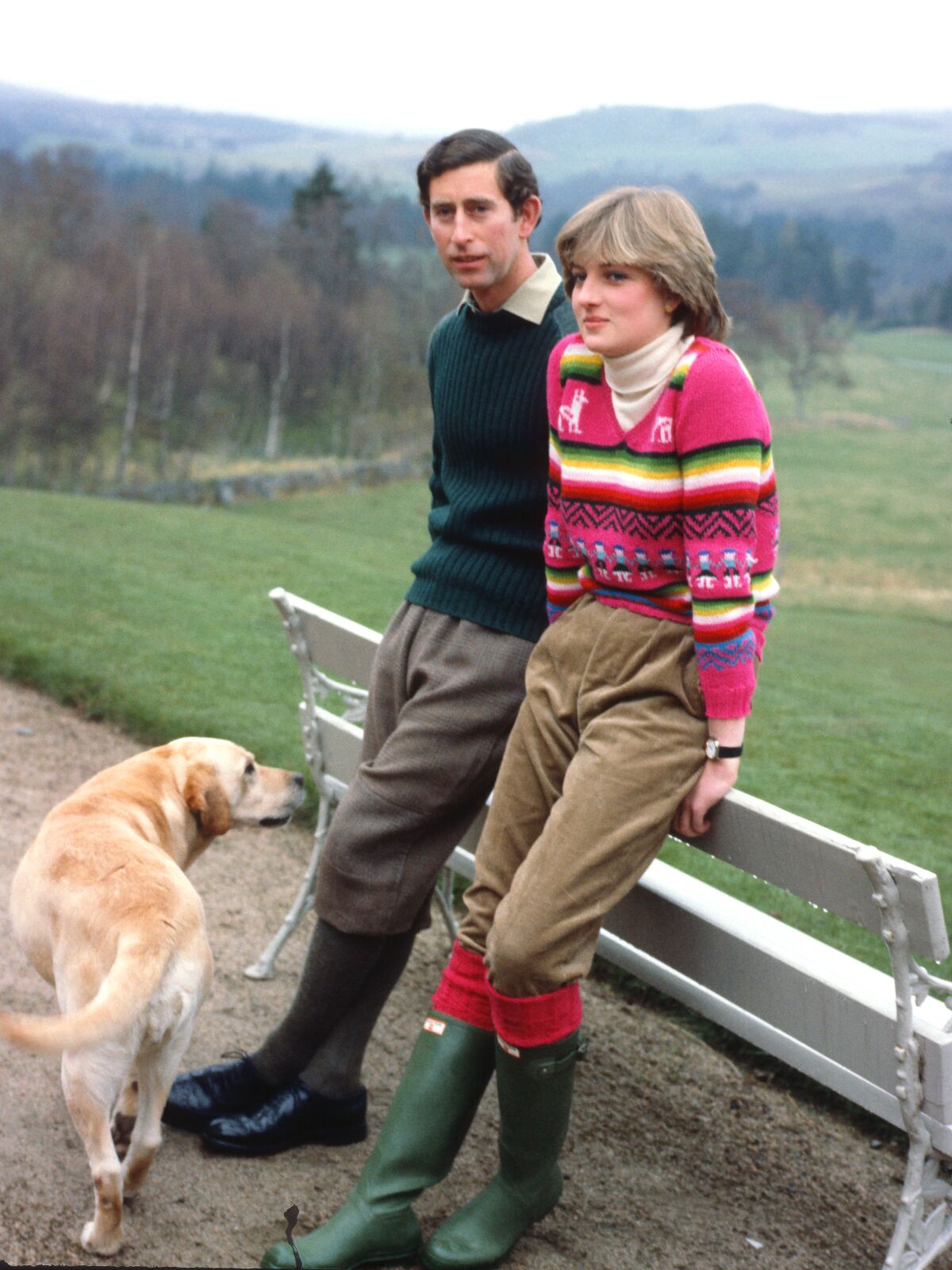 May 1981: Prince Charles and fiancee Lady Diana Spencer at Balmoral. She wears a colorful Peruvian sweater and Wellingtons.