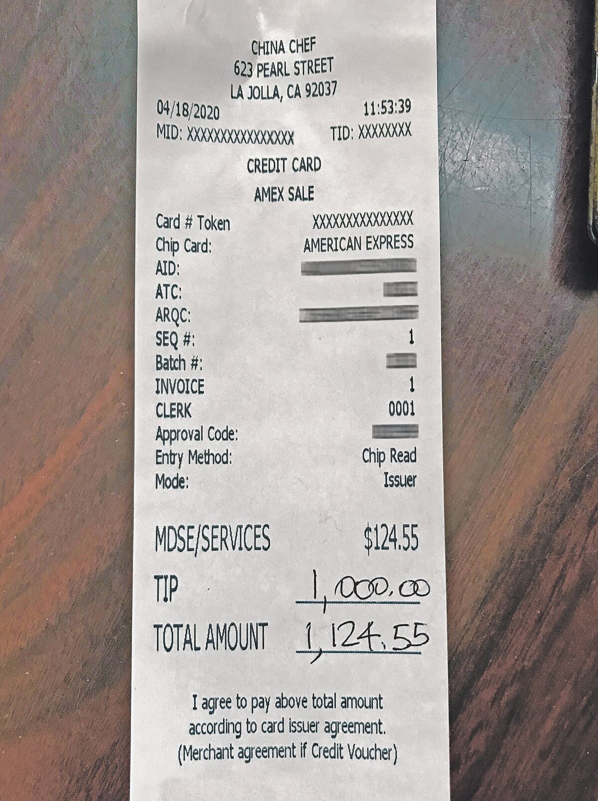 China Chef owner Bob Gu received a very generous tip on a takeout meal he prepared: $1,000.
