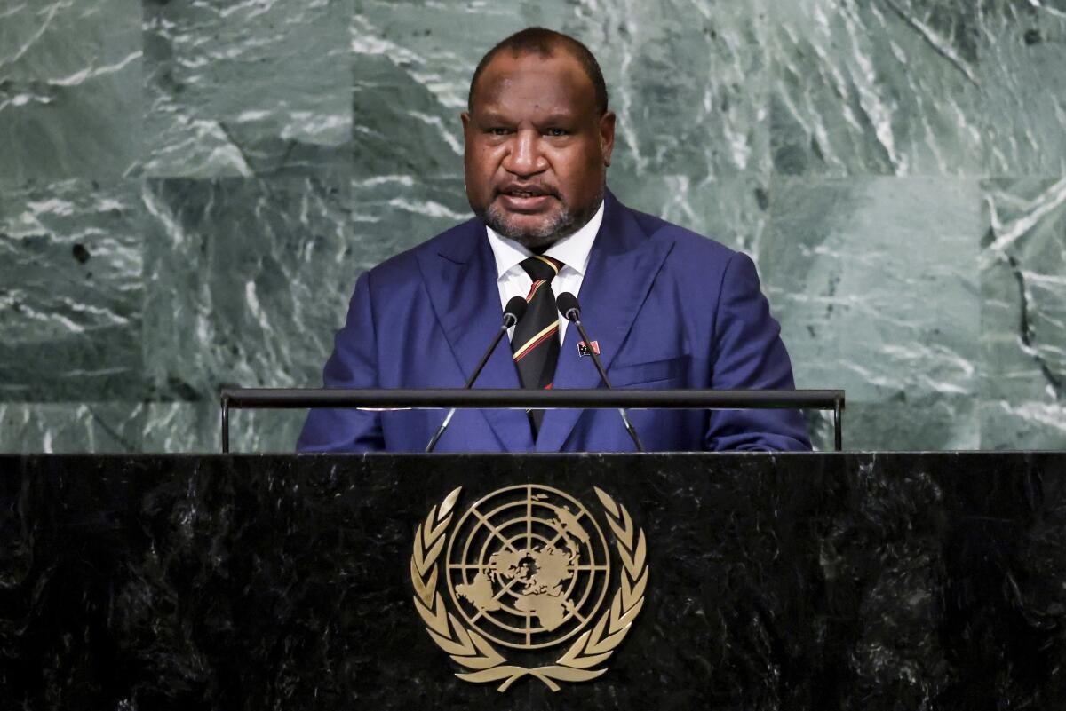 FILE - Prime Minister of Papua New Guinea James Marape addresses the 77th session of the United Nations General Assembly, Sept. 22, 2022, at U.N. headquarters. At least 53 men were massacred in a major escalation of tribal violence in Papua New Guinea, Australian media reported Monday, Feb. 19, 2024. Tribal violence in the Enga region has intensified since elections in 2022 that maintained Prime Minister James Marape's administration. (AP Photo/Julia Nikhinson, File)