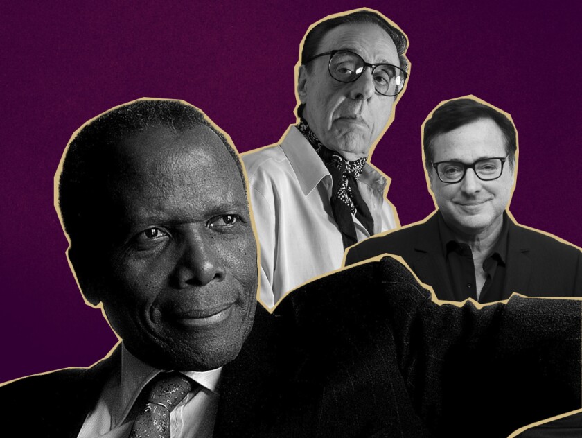 A collage of photos of Sidney Poitier, Peter Bogdanovich and Bob Saget.