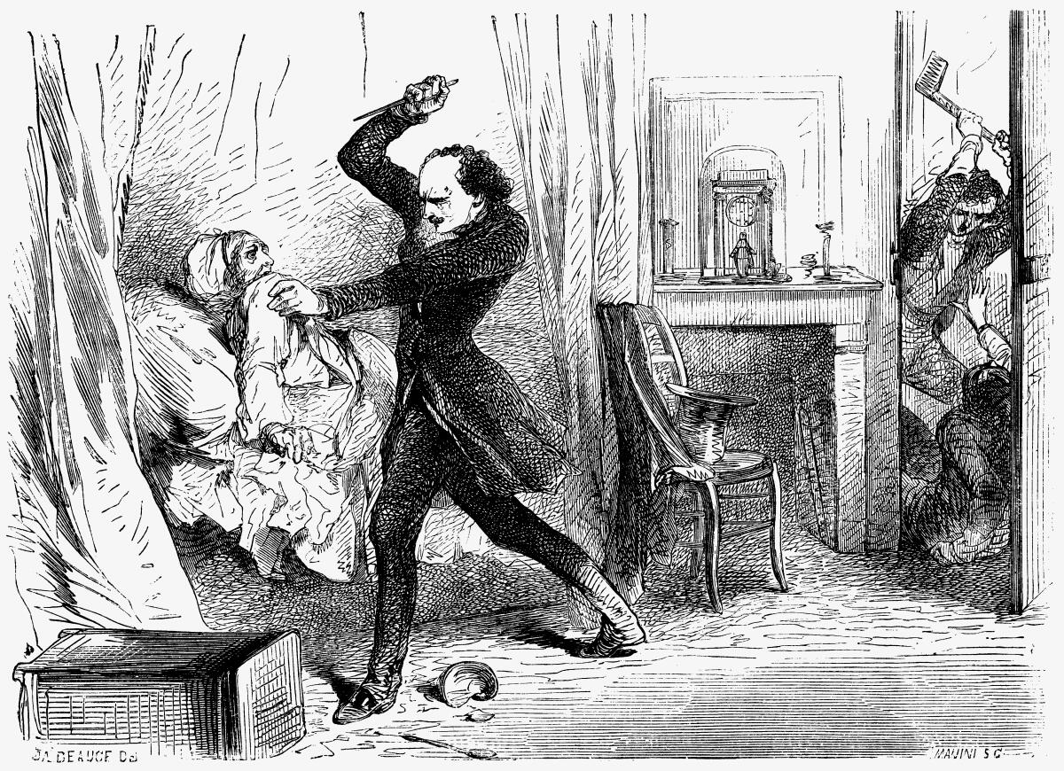 An illustration of a man attacking a person in bed with a knife.